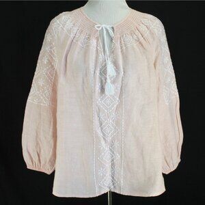Joie Linen Top Womens Size M Pink White Embroidered Long Sleeve Tie Neck